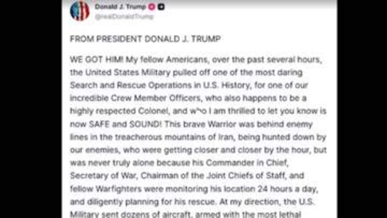 イランに撃墜され行方不明だった米軍F-15E戦闘機の乗員を救出　トランプ大統領「負傷しているがすぐに回復するだろう」