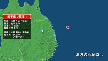岩手県で最大震度1の地震　岩手県・久慈市、八幡平市