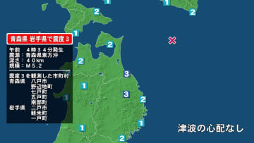 青森県で最大震度3の地震　青森県・八戸市、野辺地町、七戸町、五戸町、青森南部町、岩手県・二戸市、軽米町、一戸町