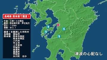 長崎県で最大震度1の地震　長崎県・雲仙市、熊本県・熊本西区、熊本南区、八代市、宇土市、宇城市、熊本美里町