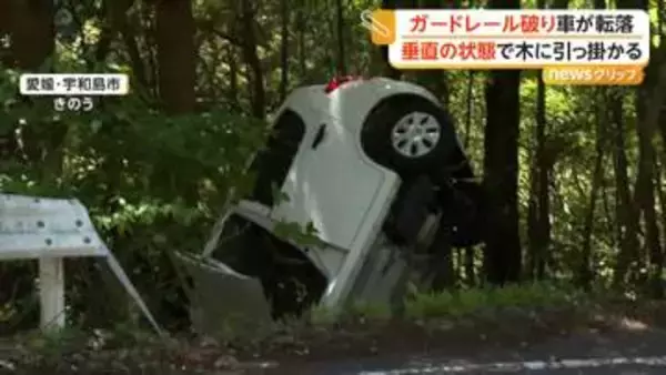 “ほぼ垂直”で止まった軽自動車　乗っていた2人は自力で脱出　ガードレール突き破り斜面に転落する事故　愛媛・宇和島市