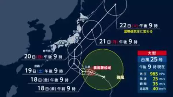“大型”台風25号が5連休に関東接近へ　警報級の大雨のおそれ