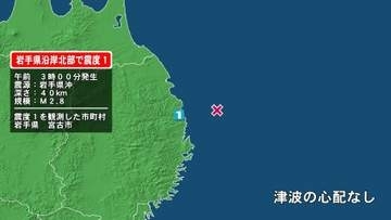 岩手県で最大震度1の地震　岩手県・宮古市