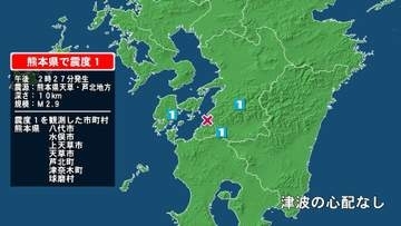 熊本県で最大震度1の地震　熊本県・八代市、球磨村、水俣市、上天草市、天草市、芦北町、津奈木町