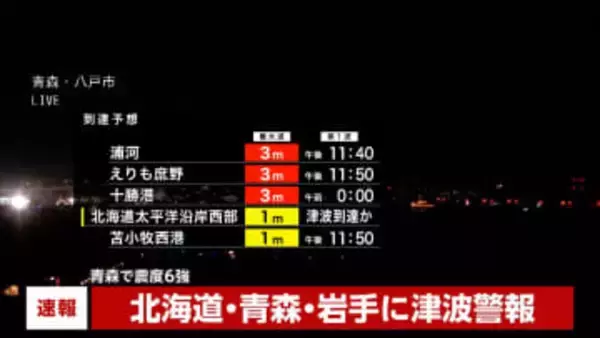 【速報】青森県東方沖30キロ沖合で津波を観測