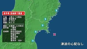 岩手県で最大震度1の地震　岩手県・住田町、一関市、宮城県・気仙沼市、登米市、栗原市、大崎市、涌谷町、岩沼市