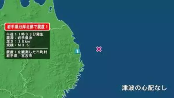 岩手県で最大震度1の地震　岩手県・宮古市