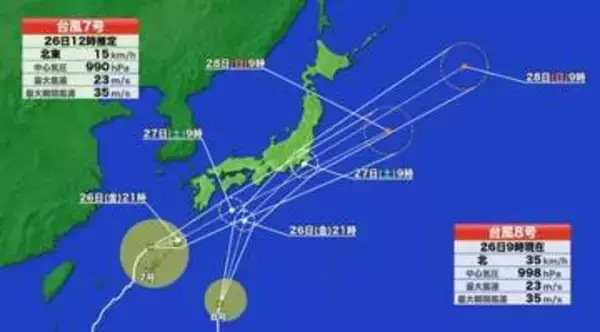 【台風情報】“ダブル台風”　最新の進路予想　台風7号は27日に西日本から東日本の太平洋側に接近へ　台風8号は27日に東日本の太平洋側に最接近　上陸する可能性も　梅雨前線の活動は活発な状態に