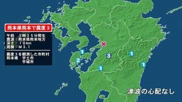 熊本県で最大震度3の地震　熊本県・宇土市、宇城市