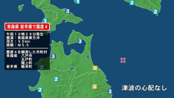 青森県で最大震度4の地震　青森県・八戸市、五戸町、階上町、岩手県・軽米町