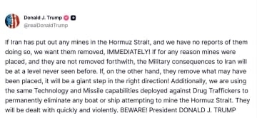 イランがホルムズ海峡に機雷準備か　トランプ氏「撤去しなければ見たことのないレベルの攻撃」