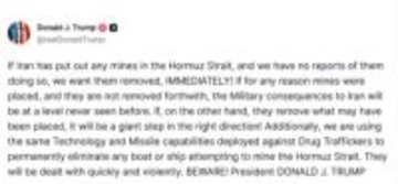 イランがホルムズ海峡に機雷準備か　トランプ氏「撤去しなければ見たことのないレベルの攻撃」