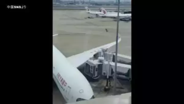 【映像】旅客機の翼がブリッジに2度衝突　中国・上海の空港で接触事故　けが人なし