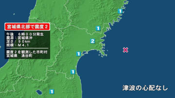 宮城県で最大震度2の地震　宮城県・涌谷町