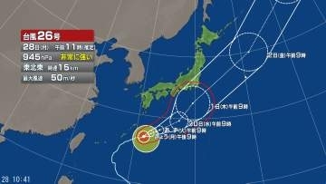 【台風情報】台風26号の進路予想　非常に強い勢力で大東島地方に接近　中心気圧945ヘクトパスカル　沖縄地方は高波や暴風に警戒　今後、日本の南を東北東へ進む見込み