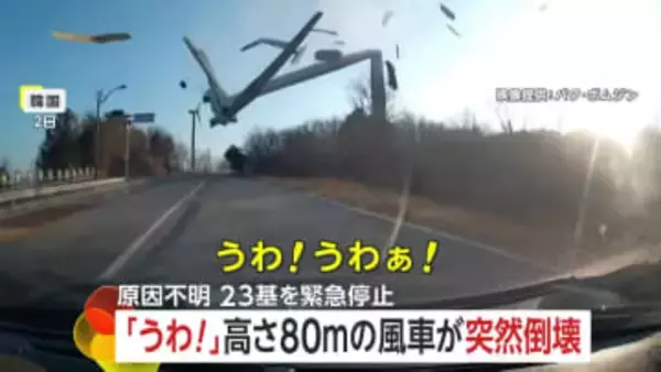 「早く逃げて！」高さ80メートルの“巨大風車”柱がポッキリ折れて倒壊…下敷き寸前の車内はパニック　原因は不明　韓国