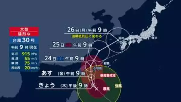 “最強クラス”台風30号あすにも先島諸島に接近へ　最大瞬間風速55mの猛烈な風で住宅倒壊の恐れ　西日本から東日本で警報級大雨の恐れも