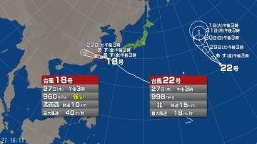 【台風情報】台風22号が発生　進路予想と影響　日本のはるか東を北上　台風18号は東シナ海を西南西へ