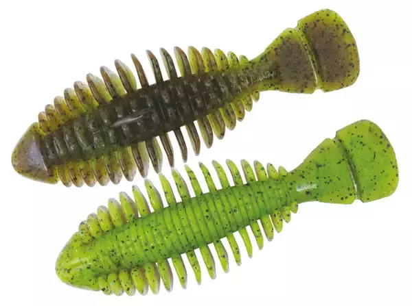 「ギミー4.5inchは2024年新登場のブルーギル形状ワーム！動き・水押し・ボリューム感でデカバスを狙おう！」の画像