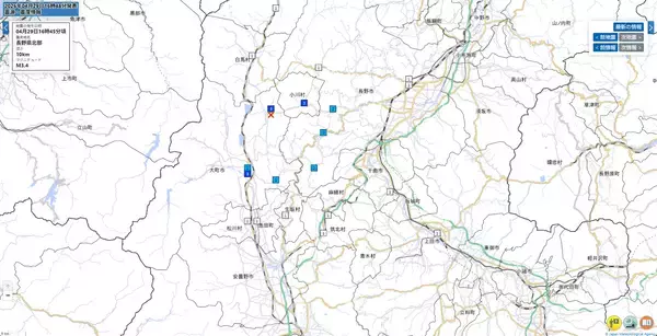 長野県大町市、小川村で震度3の地震　各市町村の震度一覧…4月29日16時45分発生