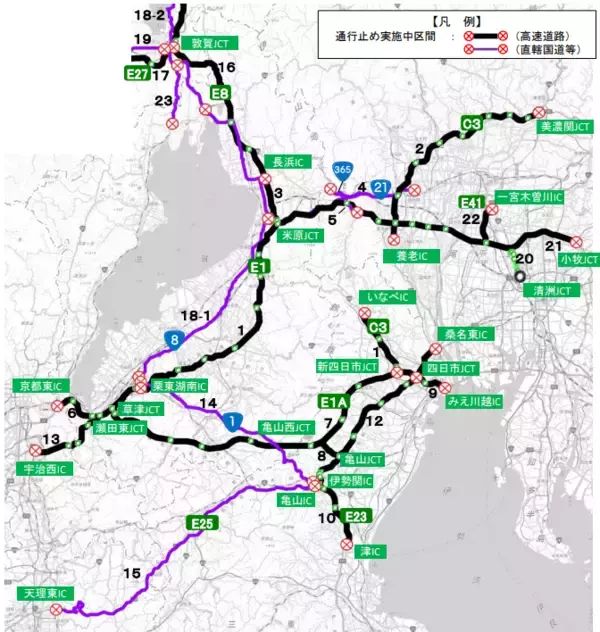 大雪で名神や新名神、舞鶴若狭道で通行止め　東日本と西日本が「分断状態」に…福井や滋賀、三重、愛知などで規制続く　中日本高速道路