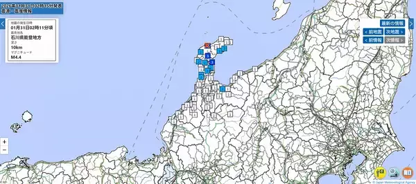 石川県で震度3の地震、福井県でも揺れ観測　各地の震度一覧…1月31日午前2時11分ごろ発生