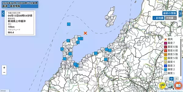 新潟で震度2の地震、福井や石川でも揺れ観測　各市町の震度一覧…4月13日8時54分発生