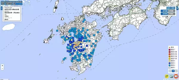 長崎県と熊本県で震度4の地震、宮崎県や鹿児島県でも揺れ確認　各市町の震度一覧　8月12日午後1時5分ごろ発生