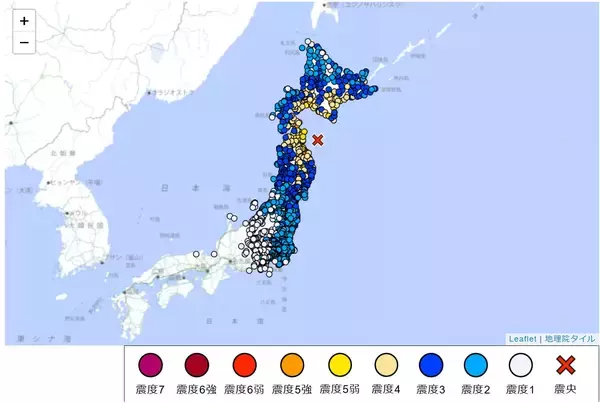 青森県で震度6強の地震…東京や兵庫、福井でも揺れ観測　各地の震度一覧…12月8日23時15分発生