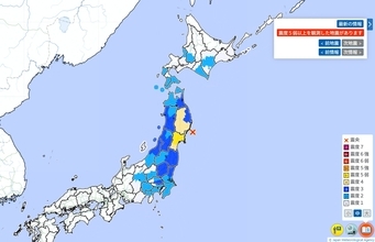 宮城で震度5弱の地震、東京や神奈川でも揺れ　各地の震度一覧、2026年5月15日午後8時22分発生