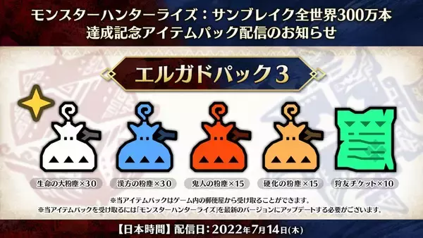 「モンスターハンターライズ：サンブレイク」が発売2週間で300万本達成！記念アイテムパック配信開始！