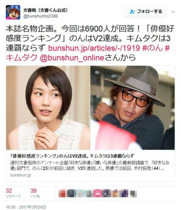 キムタク嫌われすぎ 週刊文春名物企画 好きな俳優 嫌いな俳優 の最新調査結果発表 17年3月29日 エキサイトニュース
