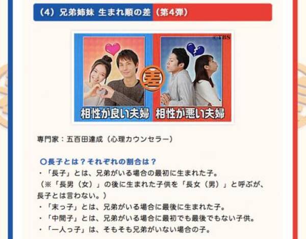 兄弟姉妹の生まれ順で夫婦の相性が変わる Tbs この差って何ですか で発表 17年8月16日 エキサイトニュース