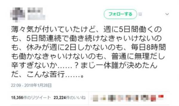 週5日連続で働くのも毎日8時間働くのも無理 ツイートから議論展開 一番辛い人を基準にするからおかしい 生産性上げようという話にならないのは不思議 18年2月2日 エキサイトニュース