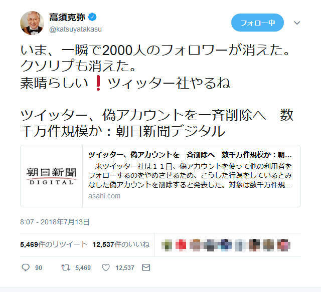 Twitter の偽アカウント削除で高須克弥院長 いま 一瞬で2000人のフォロワーが消えた クソリプも消えた 2018年7月13日 エキサイトニュース