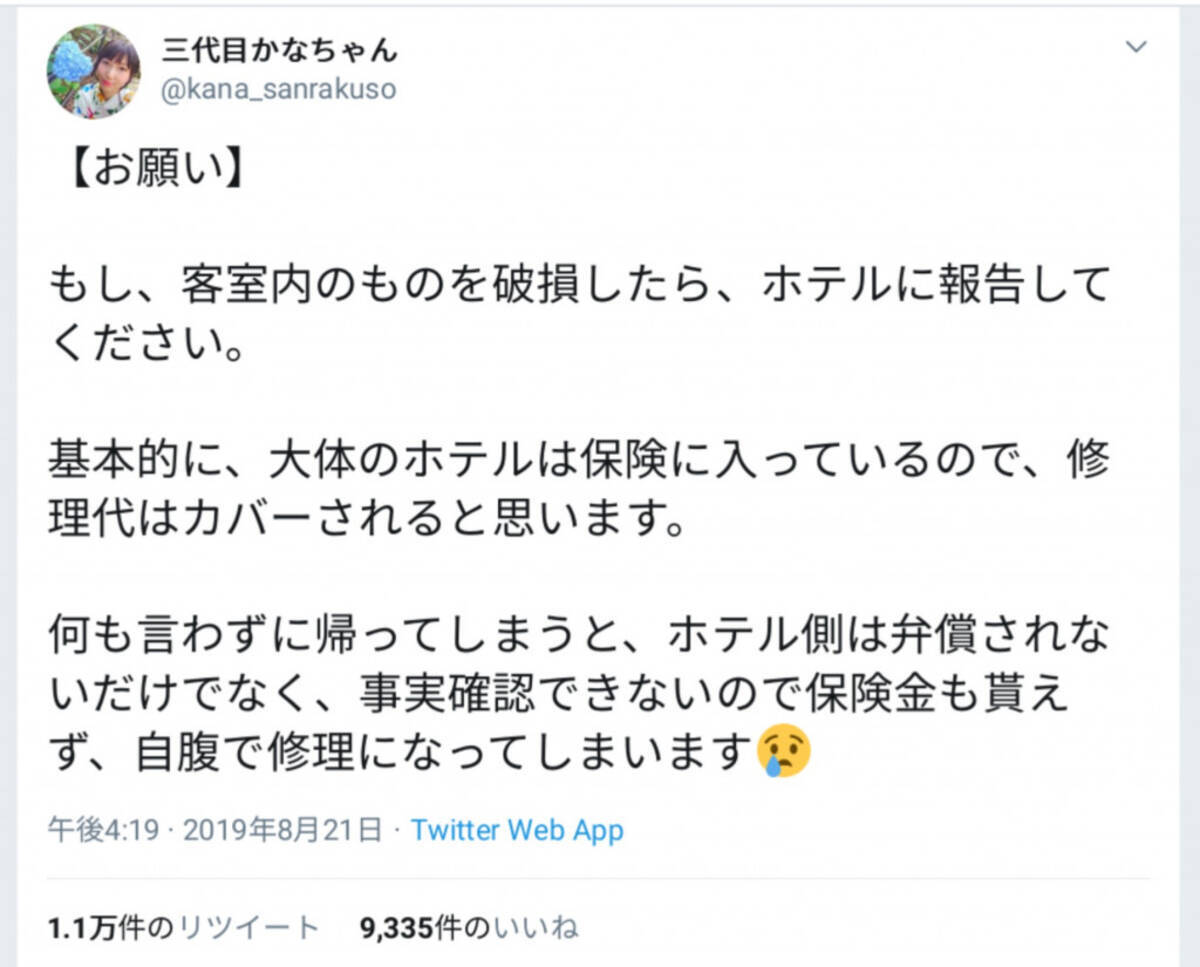 保険でカバーできるから備品が破損したら報告して ホテル経営者の悲痛な叫びに注目集まる 19年8月24日 エキサイトニュース