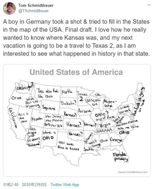 ドイツ人の少年がアメリカの州名を書いた地図 アメリカ人の子供にヨーロッパの地図で同じことさせたらどうなるかな 年2月9日 エキサイトニュース