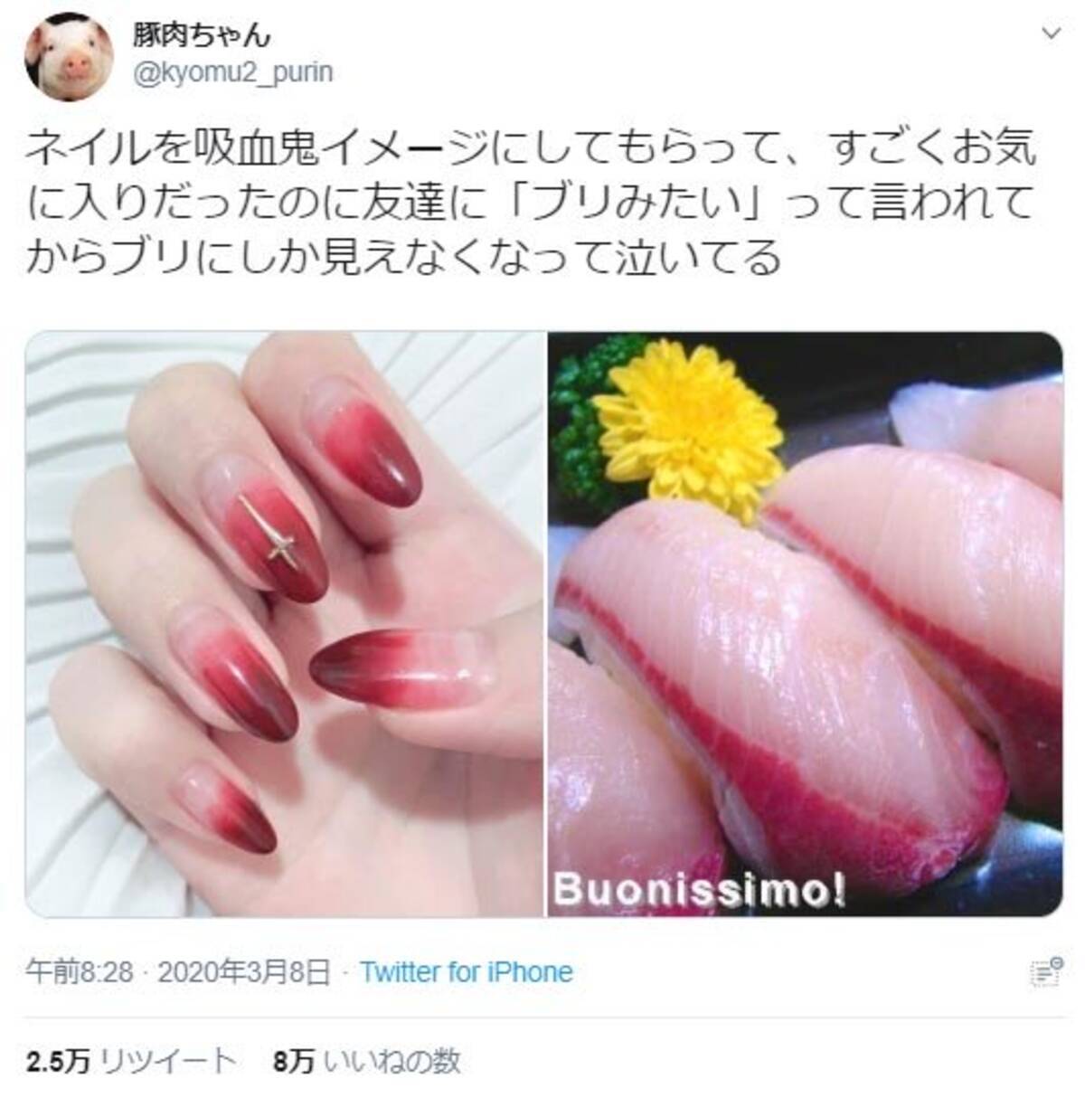 吸血鬼ネイルのはずが ブリ にしか見えなくなって泣いてる ツイート投稿に ホッキ貝に見えました の声 年3月13日 エキサイトニュース