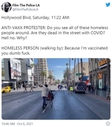 ワクチン反対派のデモ隊にホームレスの男性が強烈な一言 「短いけど最高の一言」「この男性は質問に答えただけ」