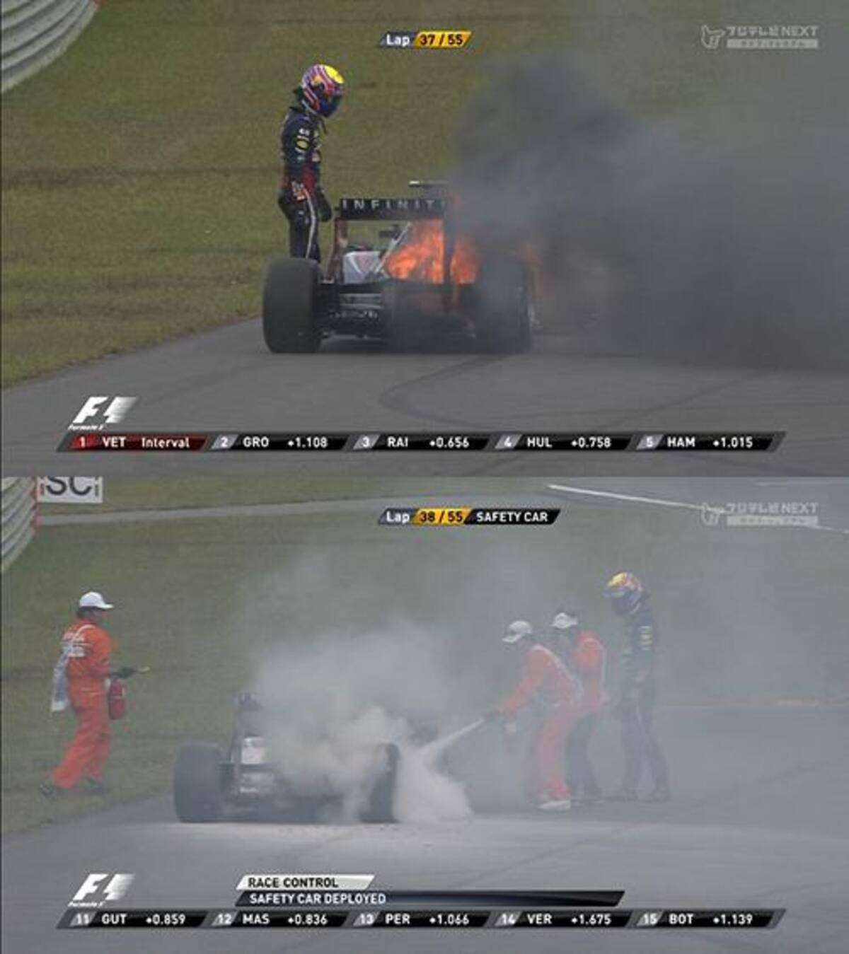 酷すぎるf1韓国gp車が炎上しても消火活動なし 優勝したベッテルは 鈴鹿サイコー 韓国は今年が最後と聞いてる 2013年10月7日 エキサイトニュース