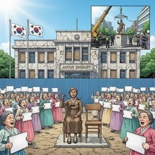 ソウル日本大使館前の不法な少女像と水曜集会、新築を阻む「邪魔者」の国際問題