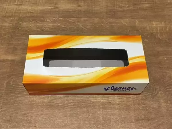 「ティッシュの空き箱、4か所切れ込みを入れたら？　袋ティッシュの収納ケースが作れる！【2分で完成】」の画像