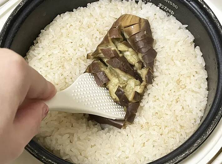炊飯器にナスを丸ごとドボン　炊きあがりに「病みつきになる」「おにぎりにもいい」