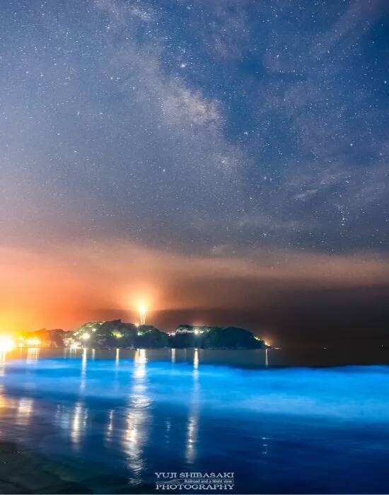 深夜1時過ぎの江の島　海面に現れたのは？　奇跡の1枚に「波がLEDみたい」「不思議な絶景」