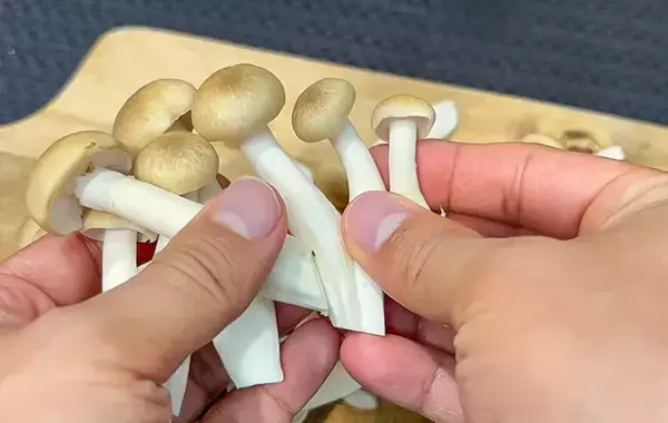 「シメジの石づき、こう切って！　無駄なく使えてパラパラほぐれる「カットの裏技」」の画像