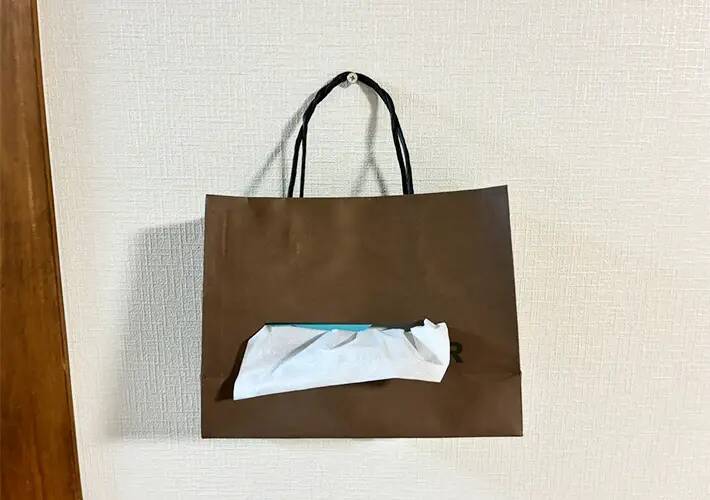 溜まっている紙袋をカッターでくり抜くだけ　家用ティッシュが快適になるリメイク術