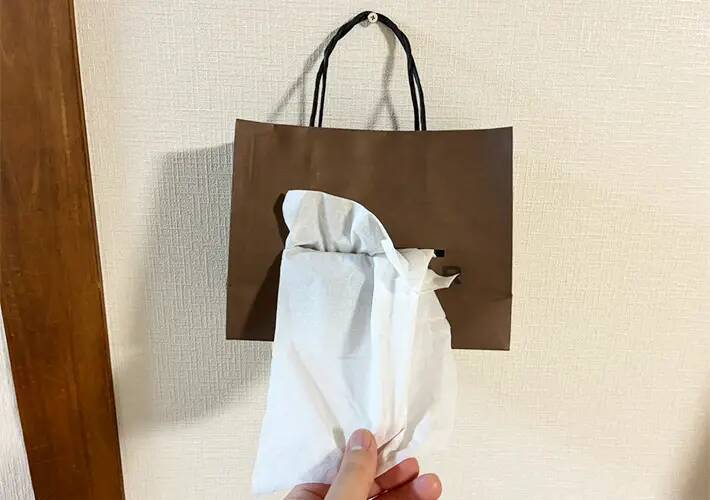 溜まっている紙袋をカッターでくり抜くだけ　家用ティッシュが快適になるリメイク術