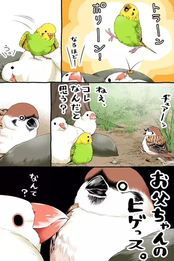 「言い争うスズメと文鳥　そこにやって来たのは…漫画にツッコミの声」の画像