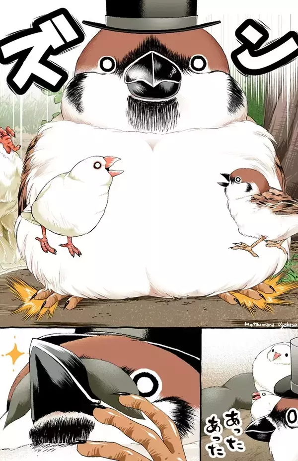 「言い争うスズメと文鳥　そこにやって来たのは…漫画にツッコミの声」の画像