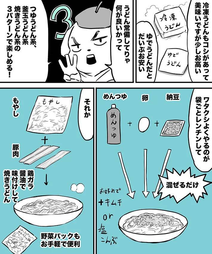 うどんを袋ごとレンチンして…　自炊歴２３年の男性が作る『気まぐれ飯』がコスパ抜群【漫画】